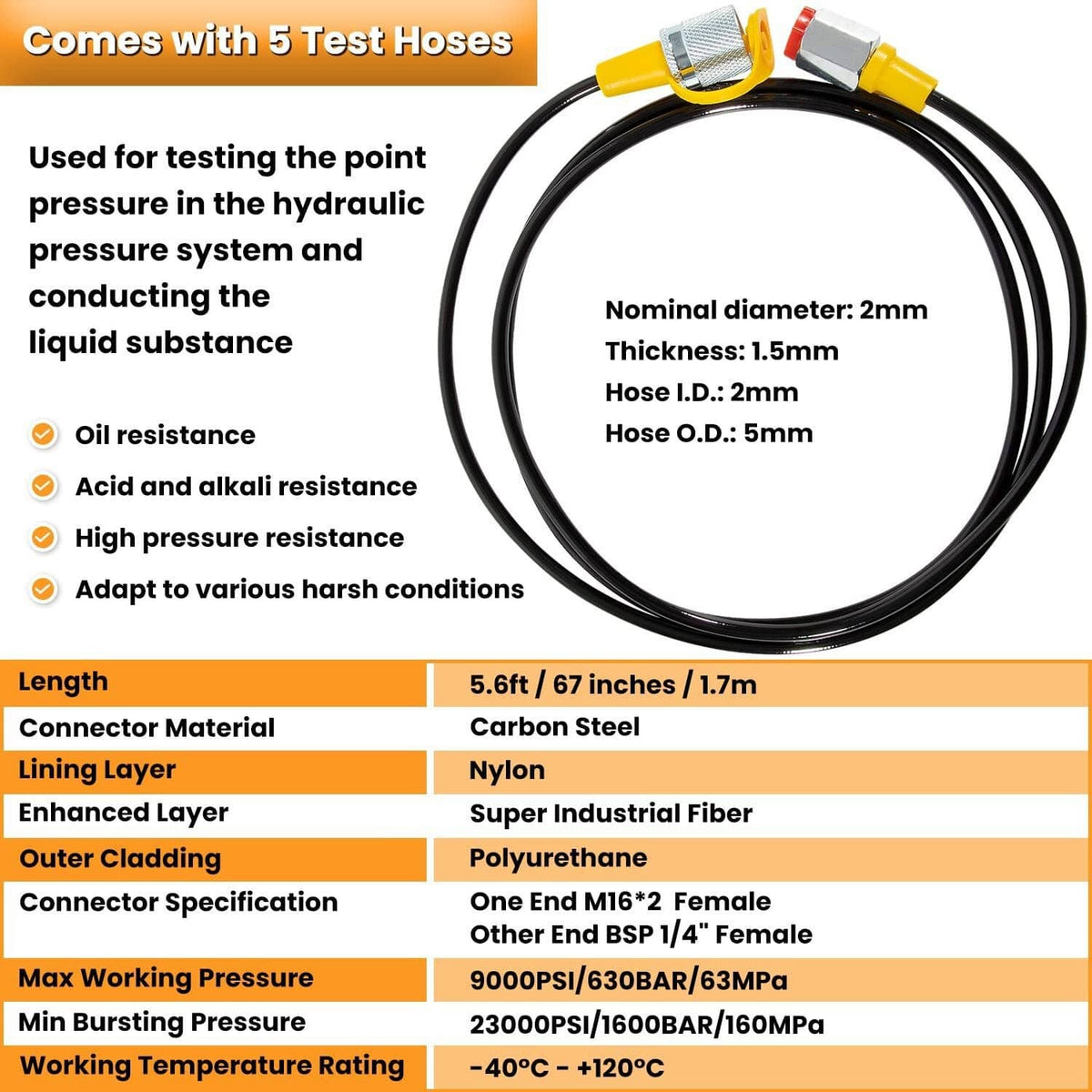 Bethesda Industrial 60Mpa Hydraulic Pressure Test Kit 5 Gauges 13 Couplings 14 Tee Connectors 5 Hose