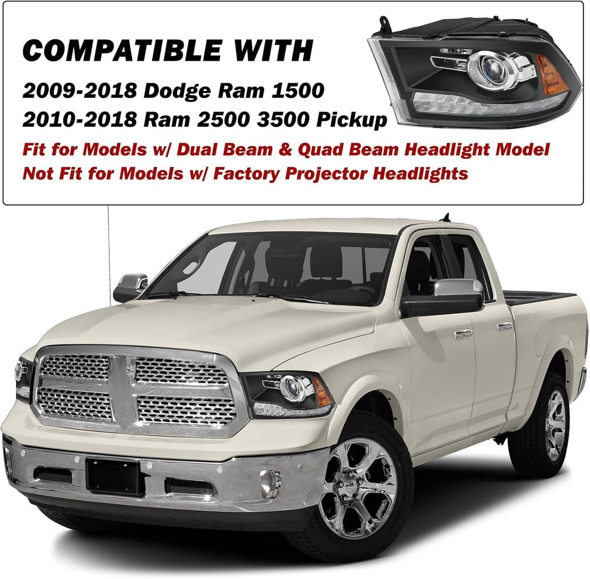 Bethesda Industrial Fit For 2009-2018 Dodge Ram 1500 2500 3500 Black Projector Headlights w/ LED DRL
