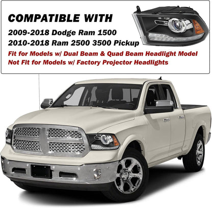 Bethesda Industrial Fit For 2009-2018 Dodge Ram 1500 2500 3500 Black Projector Headlights w/ LED DRL
