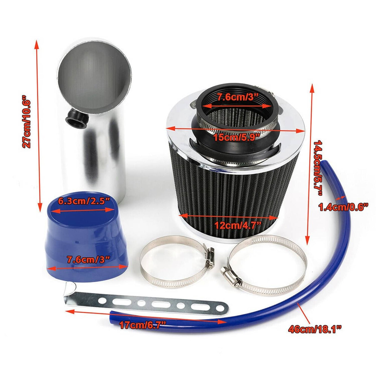 Bethesda Industrial 3" Car Cold Air Intake Filter Induction Kit Pipe Flow Hose System 76mm Alumimum