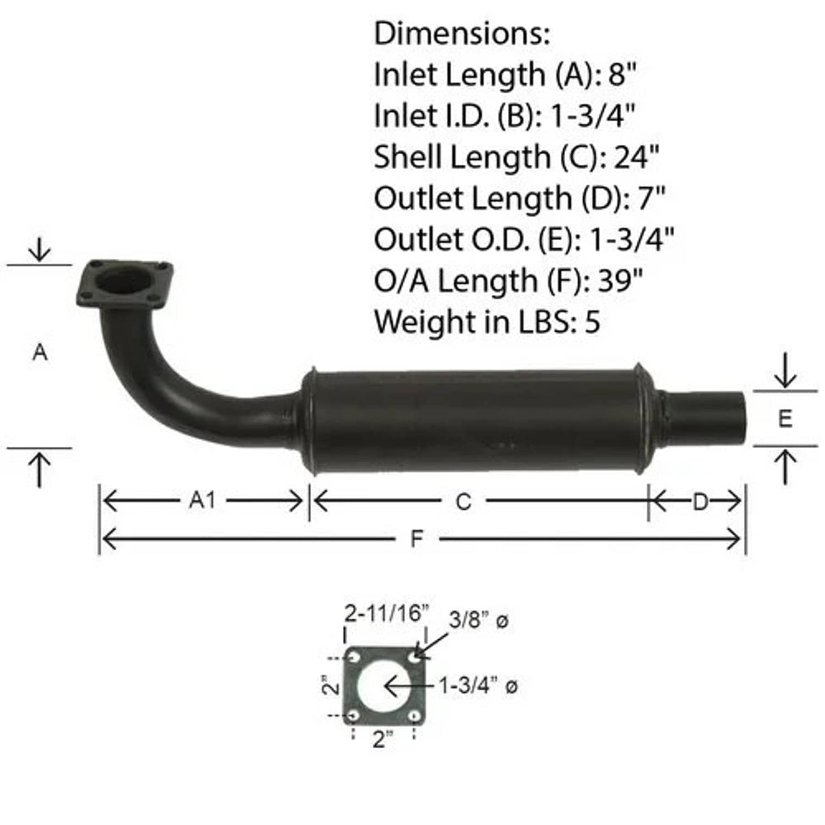 Bethesda Industrial Muffler - Vertical Design Black fits Kubota B1550 B1750 B6200 B7200 15751-12010