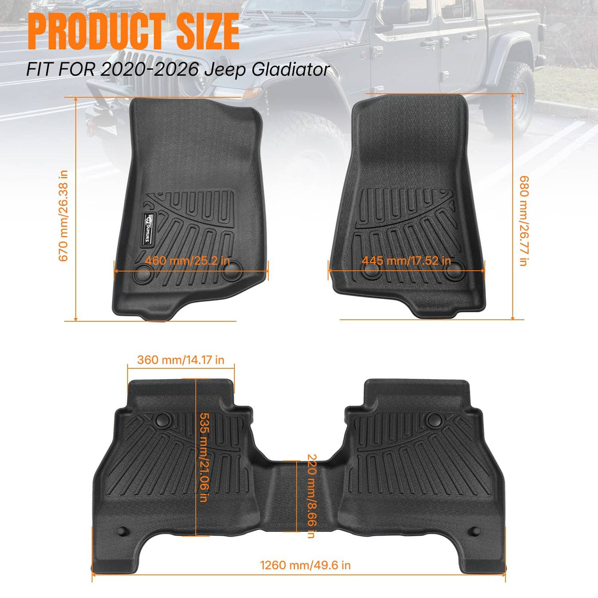 Bethesda Industrial 3Pcs Floor Mats For 2020-2025 Jeep Gladiator Floor Liner 3D Model Front & Rear
