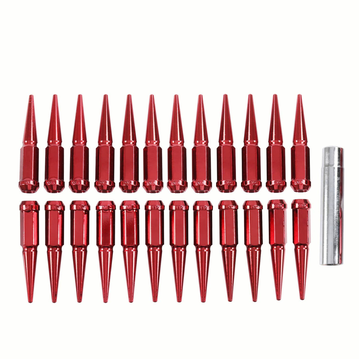 Bethesda Industrial 24 PCS Spike Lug Nuts 14x1.5 Red For Chevy Silverado Tahoe 4.4" Tall W/ Key