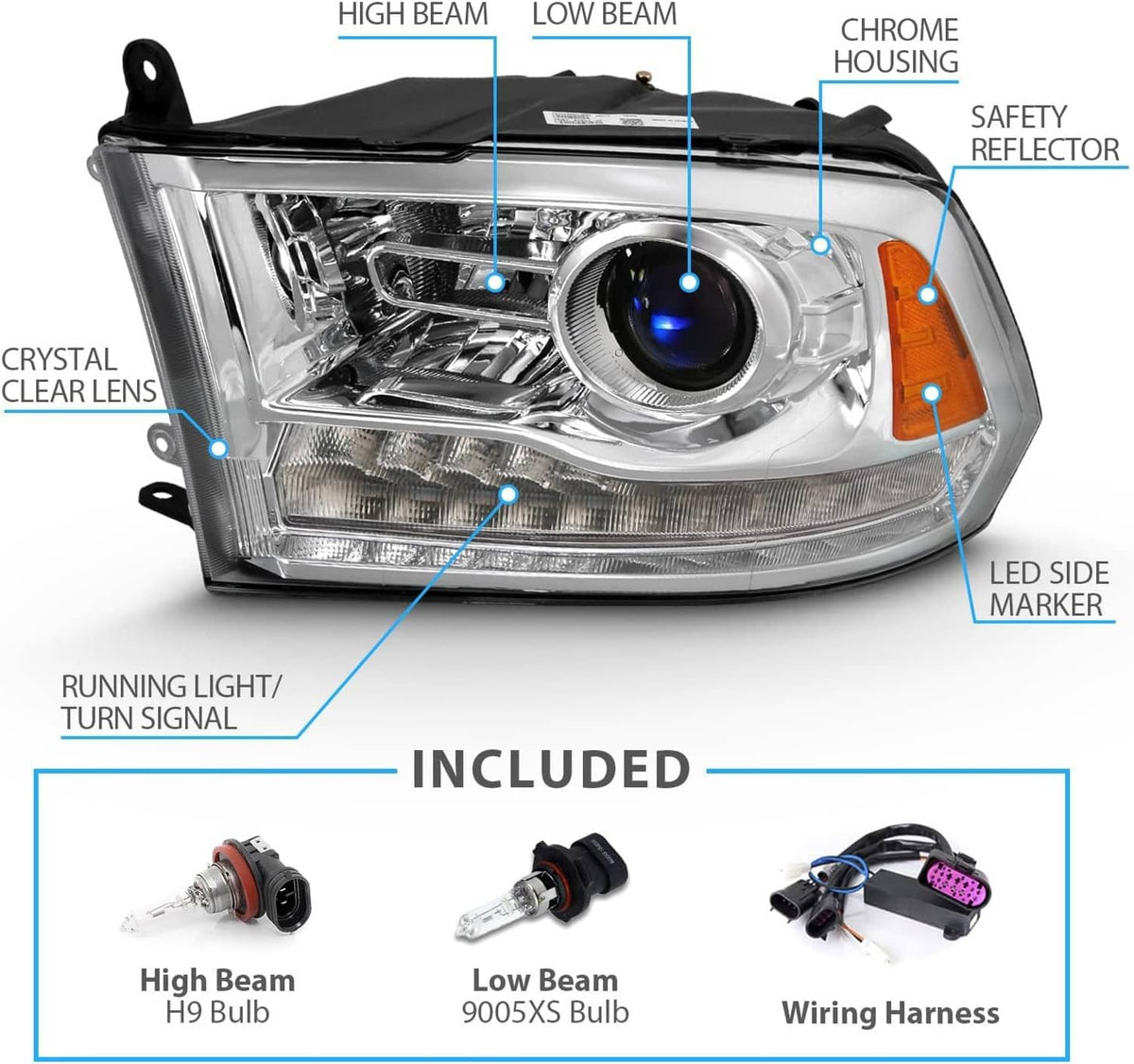 Bethesda Industrial Fit For 2009-2018 Dodge Ram 1500 2500 3500 Chrome Projector Headlights w/LED DRL