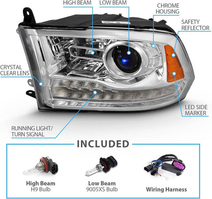 Bethesda Industrial Fit For 2009-2018 Dodge Ram 1500 2500 3500 Chrome Projector Headlights w/LED DRL