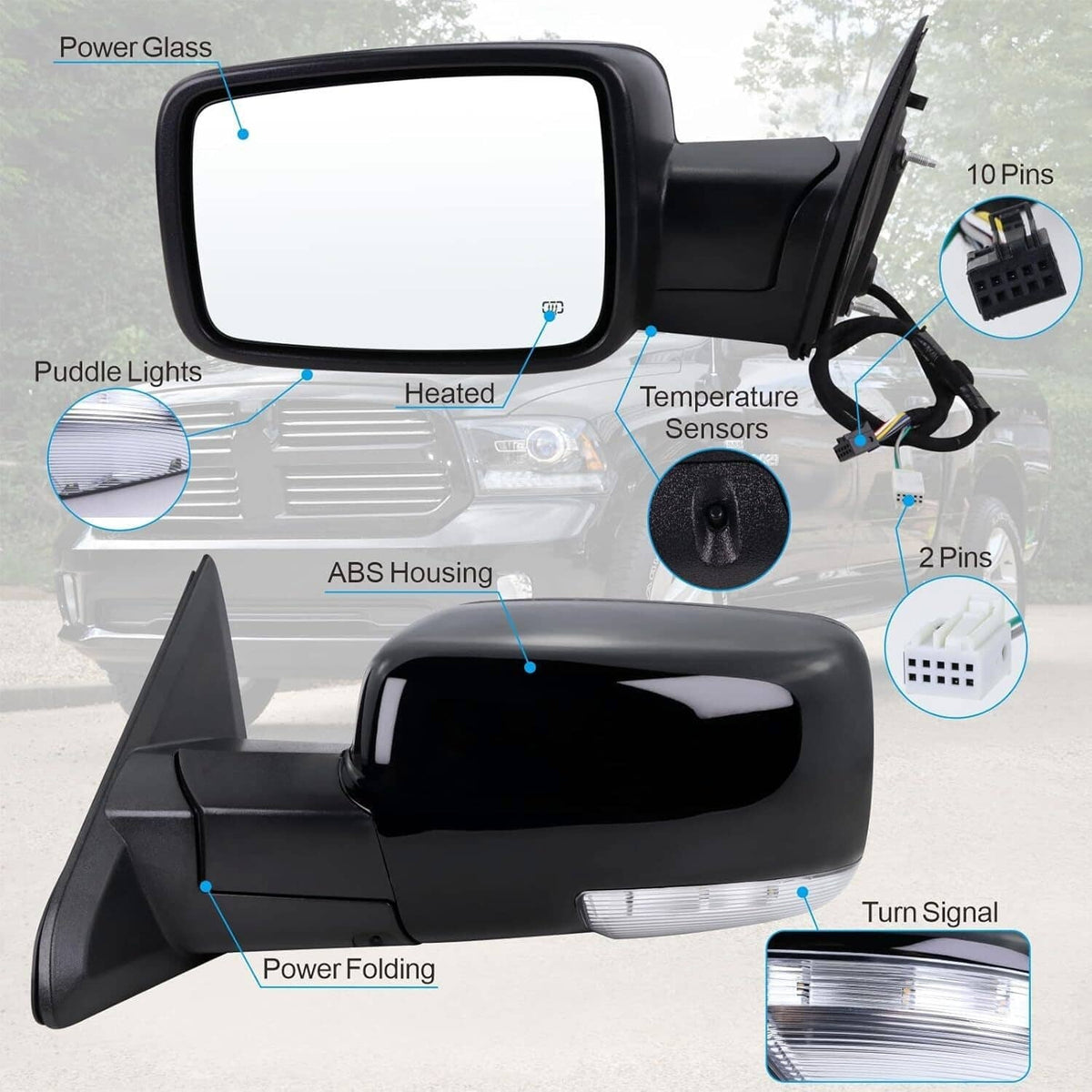 Bethesda Industrial Left / Driver For 2013-2019 Dodge Ram 1500 Power Fold+Heated+Temp Sensor Mirror