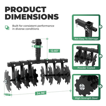 Bethesda Industrial 34" Disc Plow Harrow w/ 2-inch Receiver Hitch 8-blade disc For Tractor ATV UTV