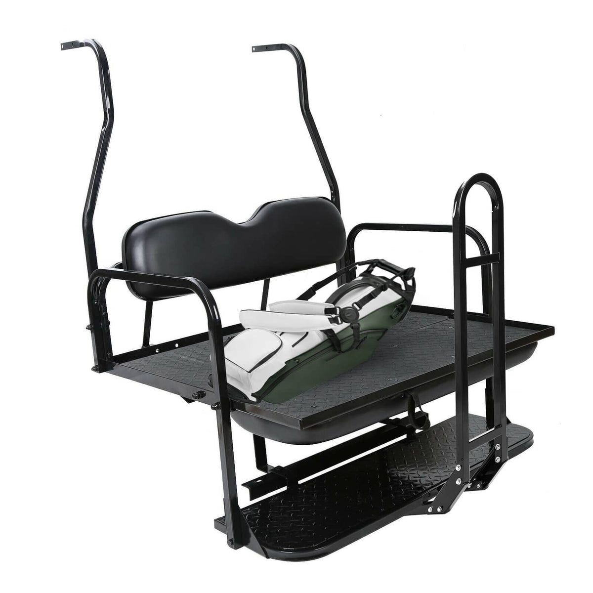Bethesda Industrial Golf Cart Flip Rear Back Seat Kit Black Cushion For Club Car DS 00-13 w/Grab Bar