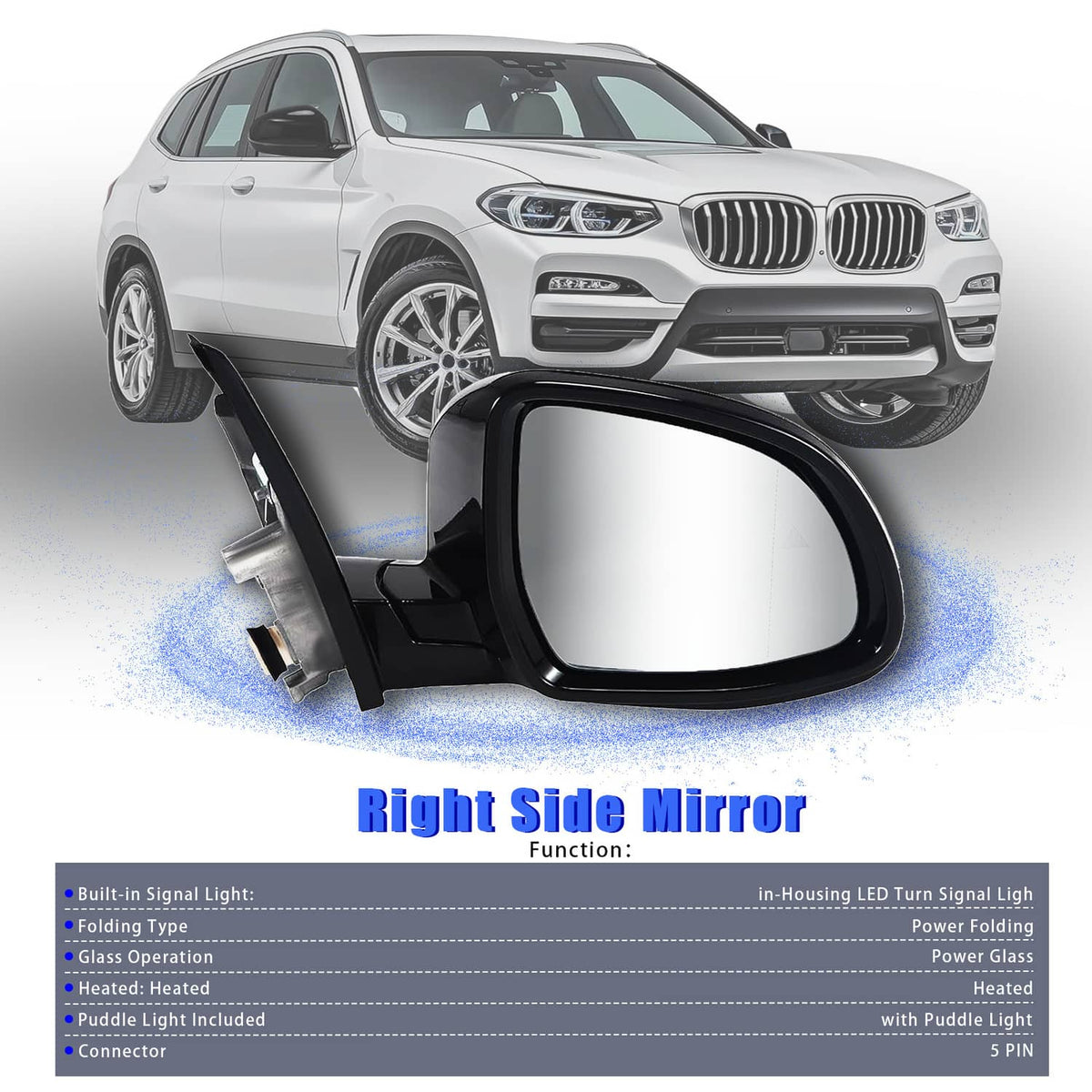 Bethesda Industrial Fits BMW 320i 330i 330e 2019-2023 Passenger Right Mirror With Blind Spot Black