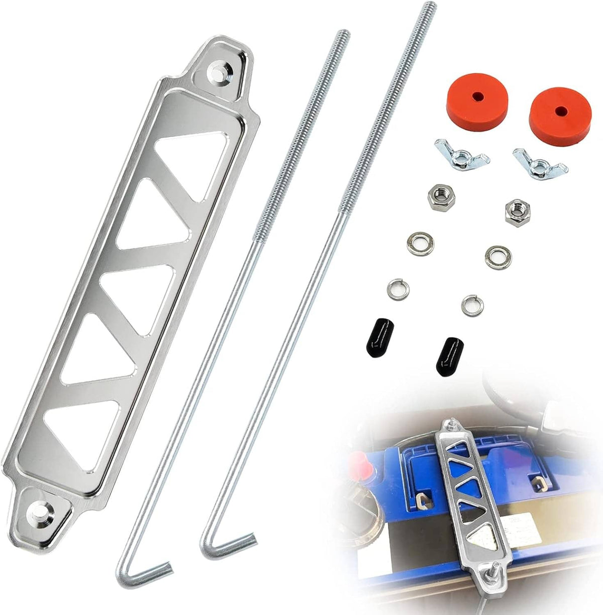Bethesda Industrial Aluminum Car Battery Hold Tie Down Bracket Mount Kit w/ 10''J-Hooks Bolts Silver