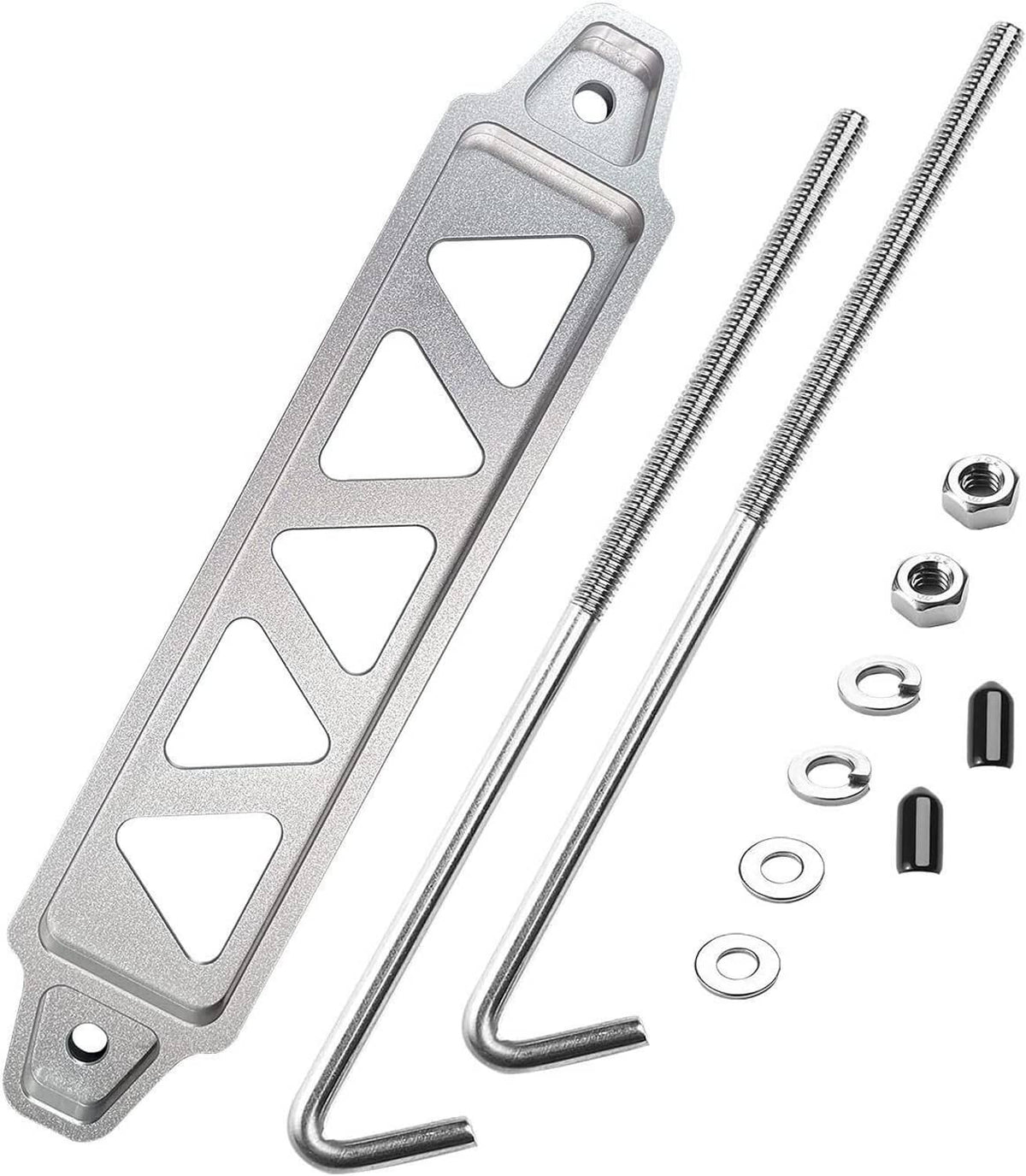 Bethesda Industrial Aluminum Car Battery Hold Tie Down Bracket Mount Kit w/ 10''J-Hooks Bolts Silver