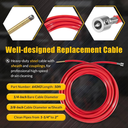 Bethesda Industrial Replace for FlexShaft Cable Assembly 64343 K9-102, 50ft, for 1-1/4” to 2” Pipes