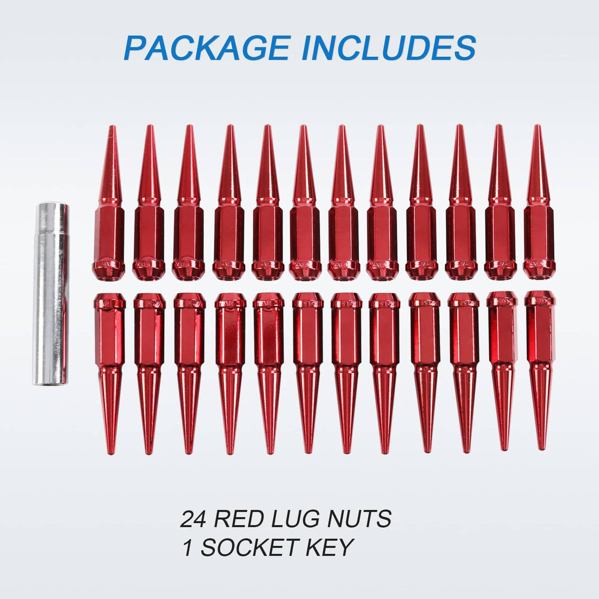 Bethesda Industrial 24 PCS Spike Lug Nuts 14x1.5 Red For Chevy Silverado Tahoe 4.4" Tall W/ Key