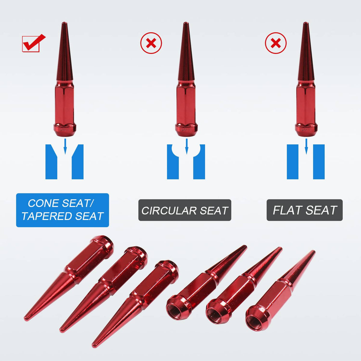 Bethesda Industrial 24 PCS Spike Lug Nuts 14x1.5 Red For Chevy Silverado Tahoe 4.4" Tall W/ Key