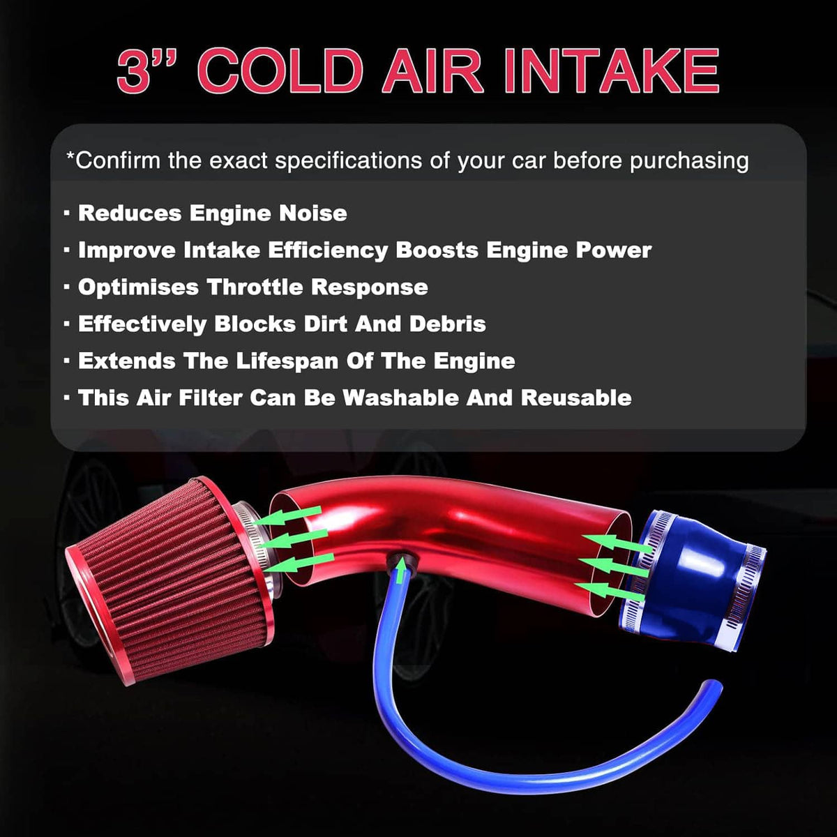 Bethesda Industrial 3" Cold Air Intake Filter Induction Kit Aluminum Pipe Power Flow Hose System