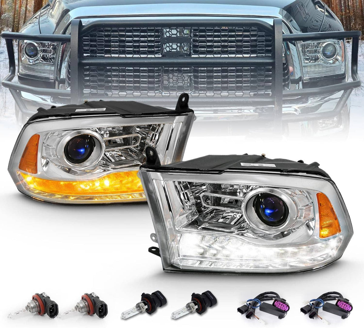 Bethesda Industrial Fit For 2009-2018 Dodge Ram 1500 2500 3500 Chrome Projector Headlights w/LED DRL