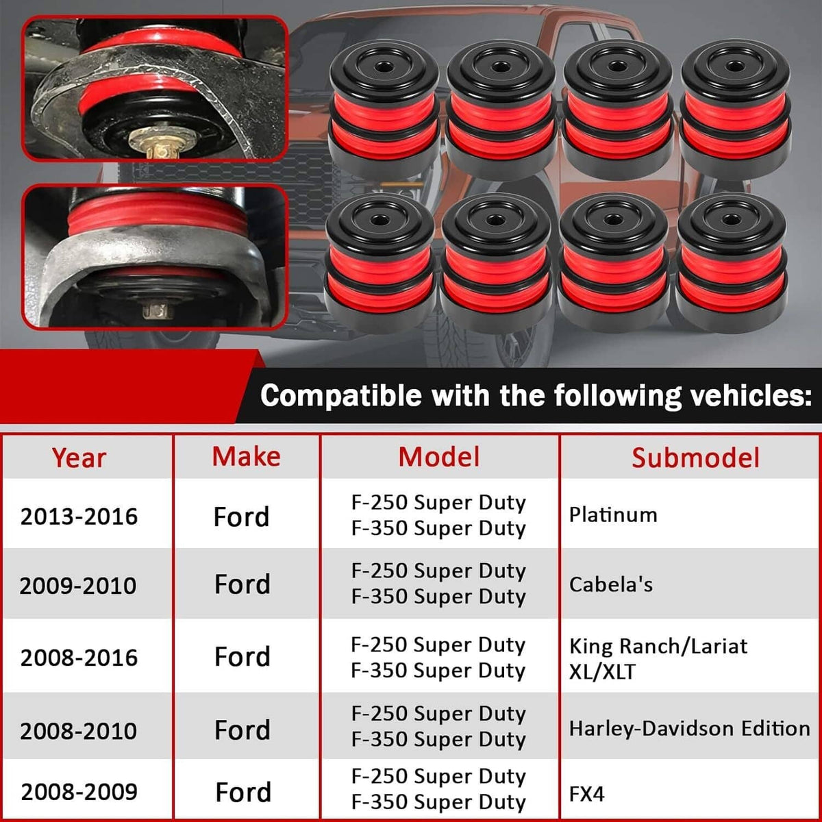 Bethesda Industrial Silicone Body Mount Bushing Kit for 2008-2016 Ford F250 F350 Super Duty Crew Cab
