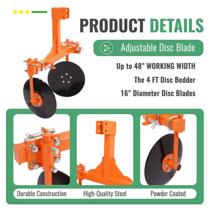 Bethesda Industrial 48" Adjustable Disc Bedder Disc Harrow For Cat 1 Tractors Steel 3 Point