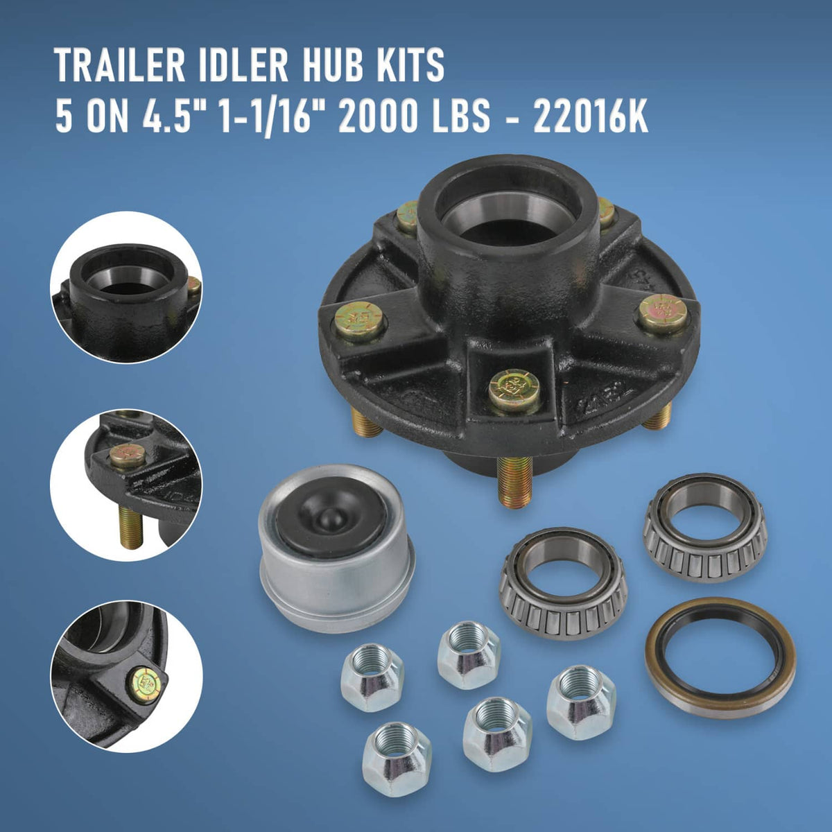 Bethesda Industrial 2 × Trailer Idler Hub Kits 5 on 4.5" 5 Lugs For 2000 lbs Axle 1-1/16" bearings