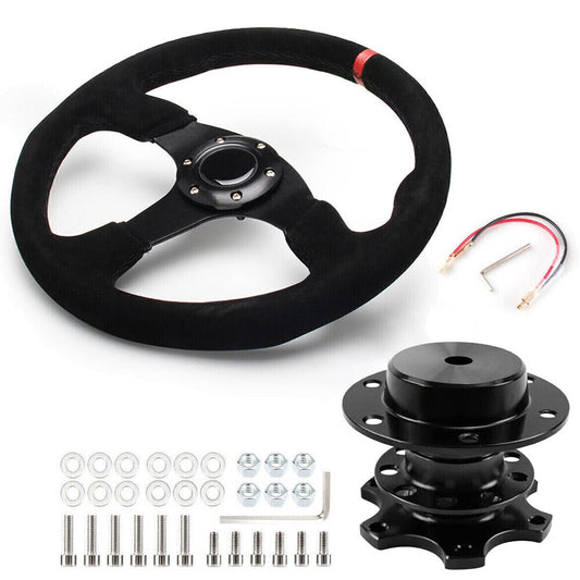 Bethesda Industrial 14" 350mm Racing Suede Leather Steering Wheel w/ Horn Button+Quick Release Kit