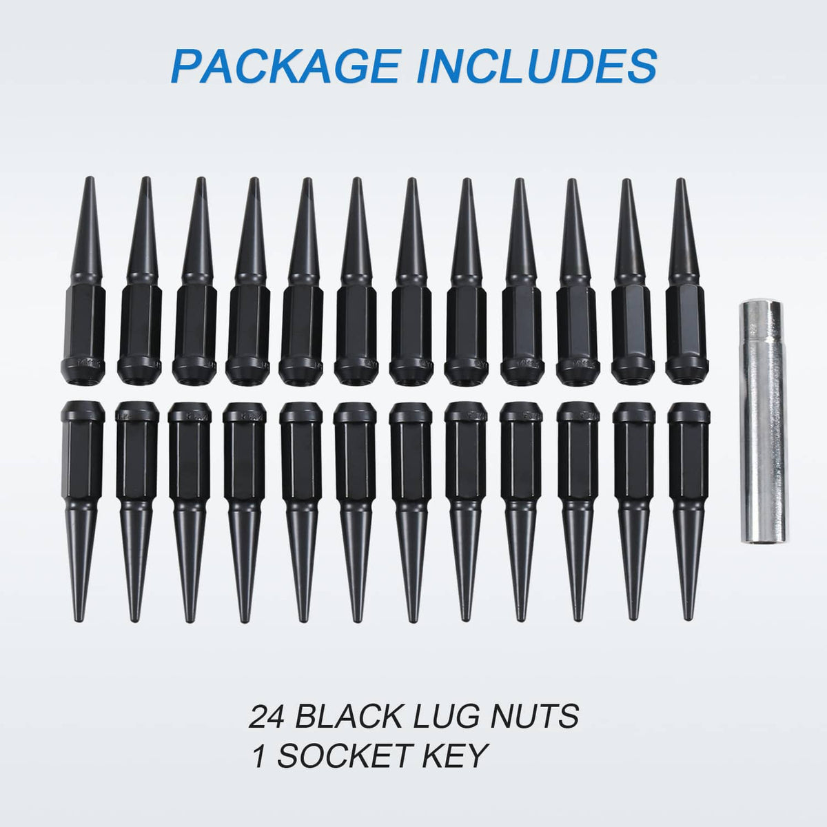 Bethesda Industrial 24PCS Spike Lug Nuts 14x1.5 Black For Chevy Silverado Tahoe 4.4" Tall with Key