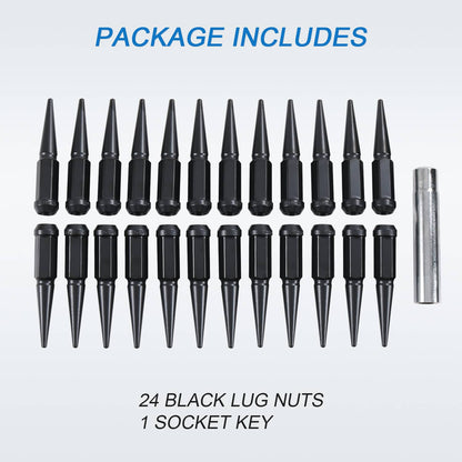 Bethesda Industrial 24PCS Spike Lug Nuts 14x1.5 Black For Chevy Silverado Tahoe 4.4" Tall with Key