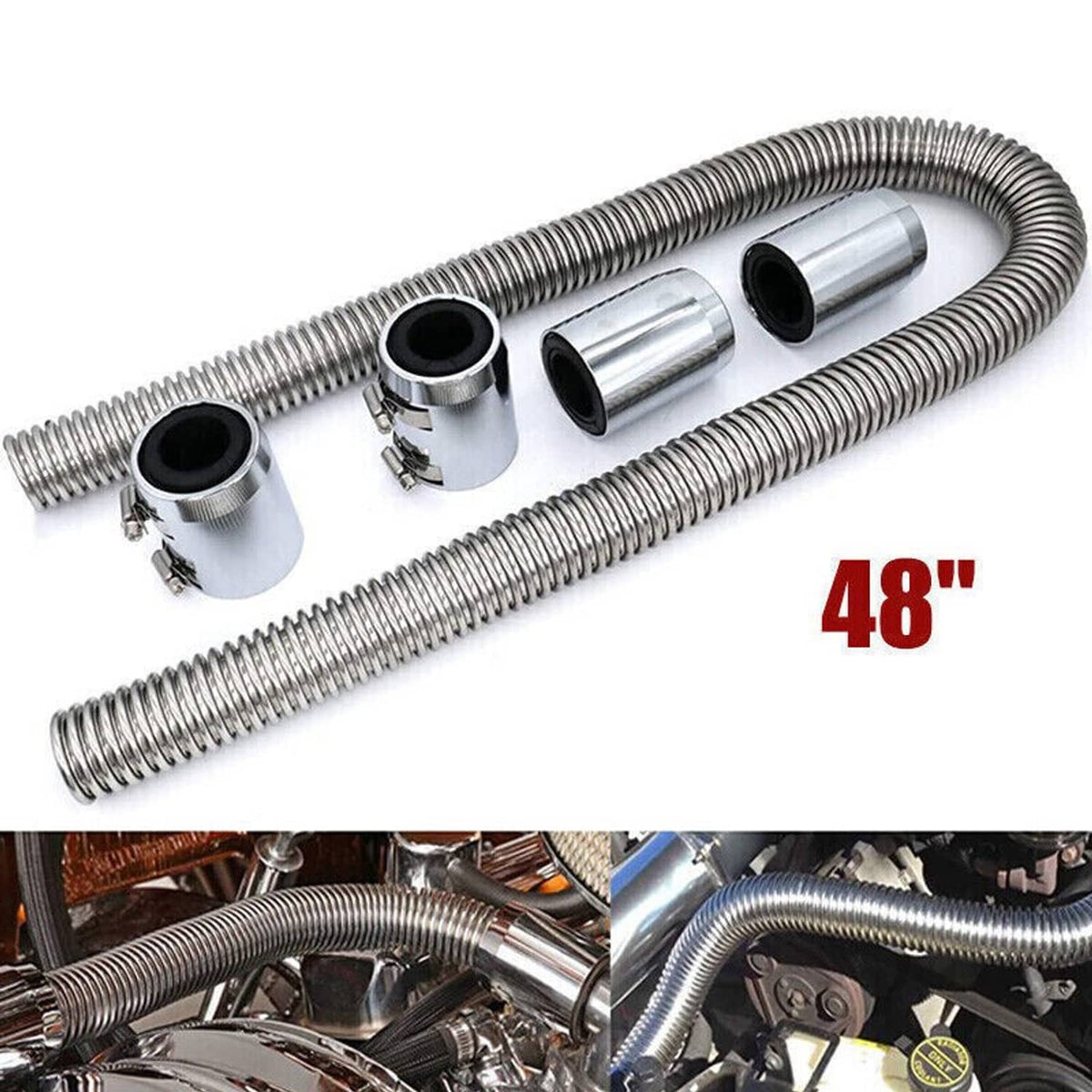 Bethesda Industrial Universal 48" Stainless Steel Radiator Flexible Coolant Water Hose W/ Caps Kit