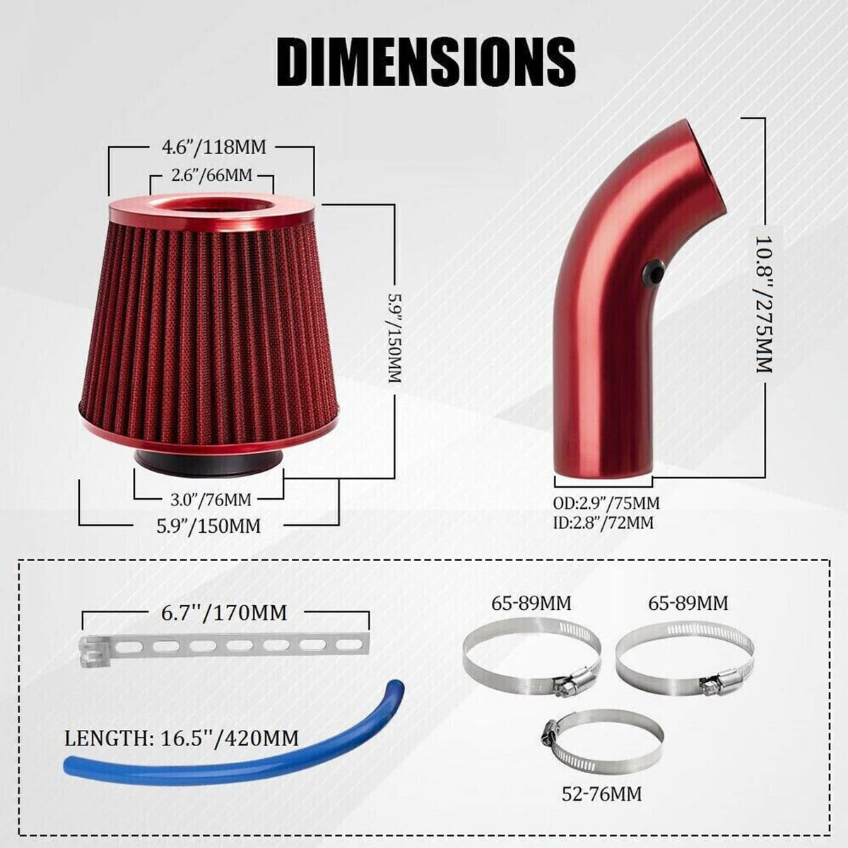 Bethesda Industrial 3" Cold Air Intake Filter Induction Kit Aluminum Pipe Power Flow Hose System