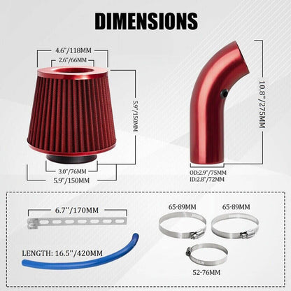 Bethesda Industrial 3" Cold Air Intake Filter Induction Kit Aluminum Pipe Power Flow Hose System