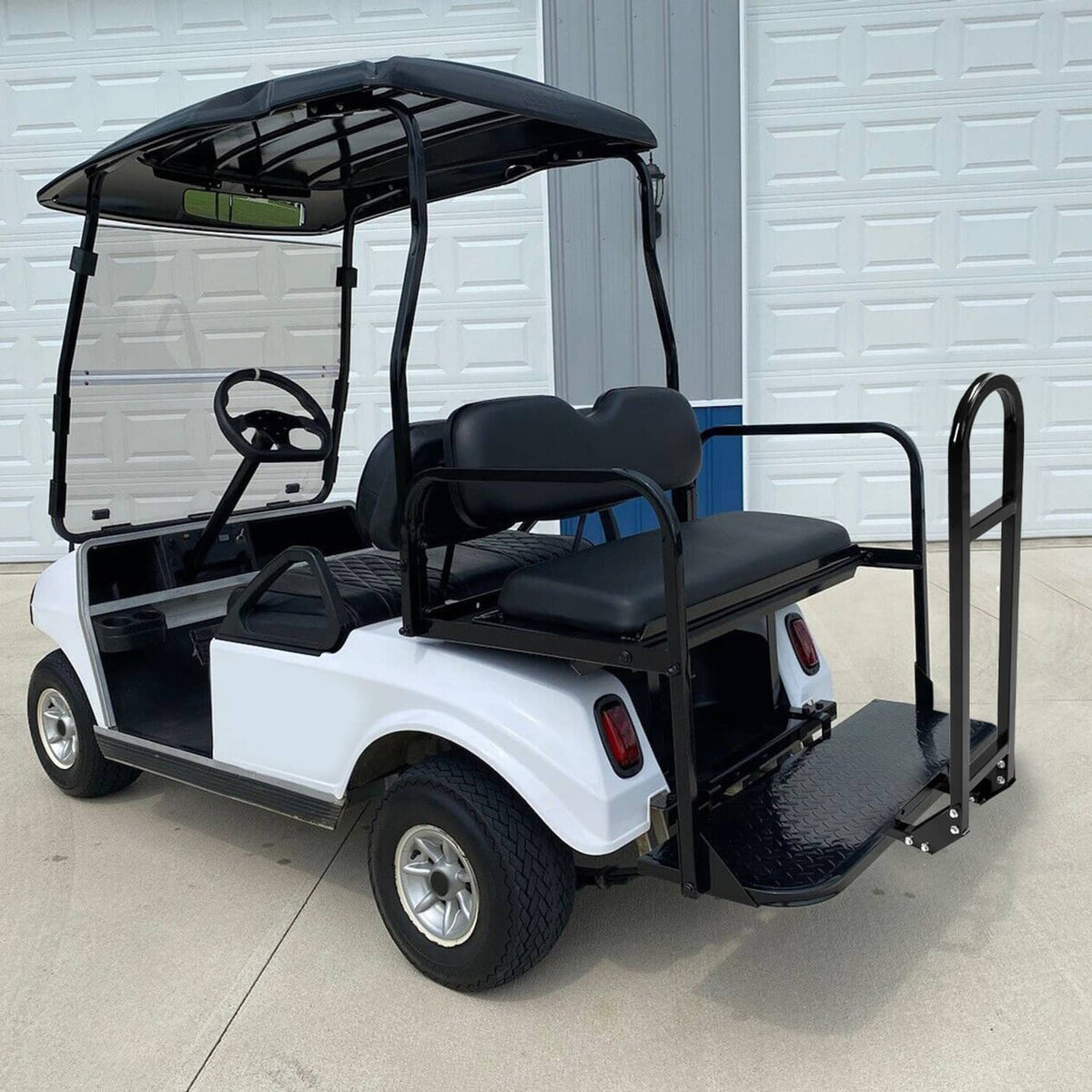 Bethesda Industrial Golf Cart Flip Rear Back Seat Kit Black Cushion For Club Car DS 00-13 w/Grab Bar