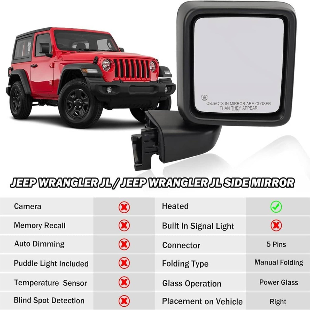 Bethesda Industrial Right Passenger Side Power Heated Mirror For 2018-2024 Jeep Wrangler Gladiator