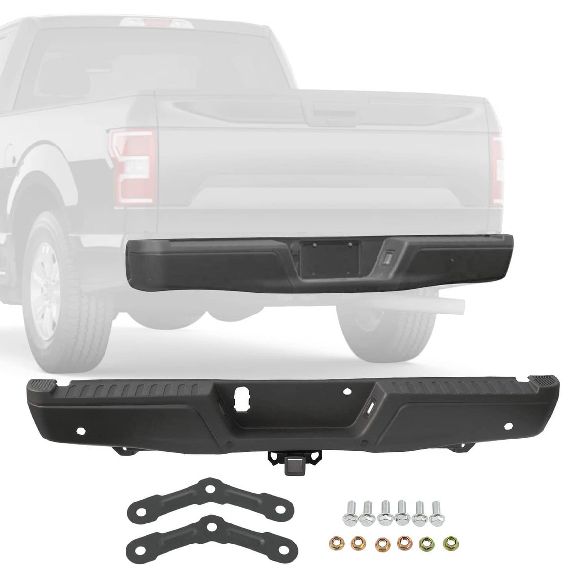 Bethesda Industrial Black Rear Bumper Assembly w/ Max Tow Hitch w/ Sensor Holes For 15-20 Ford F-150