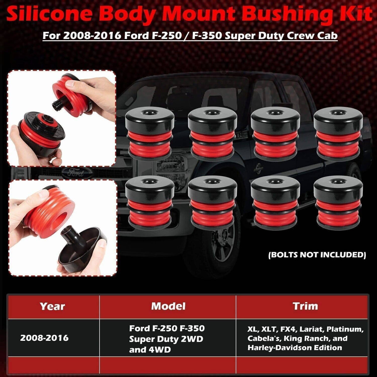 Bethesda Industrial Silicone Body Mount Bushing Kit for 2008-2016 Ford F250 F350 Super Duty Crew Cab