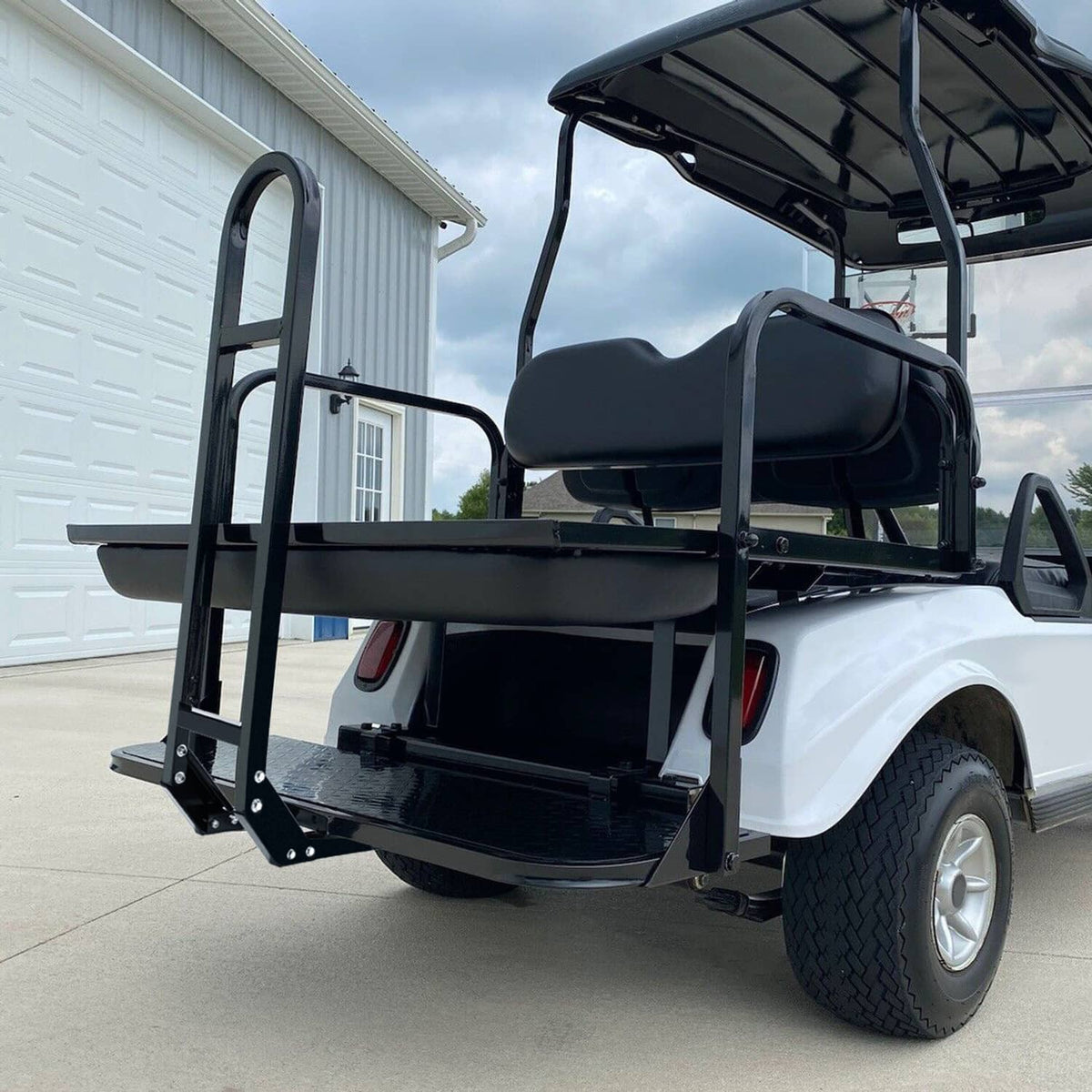 Bethesda Industrial Golf Cart Flip Rear Back Seat Kit Black Cushion For Club Car DS 00-13 w/Grab Bar
