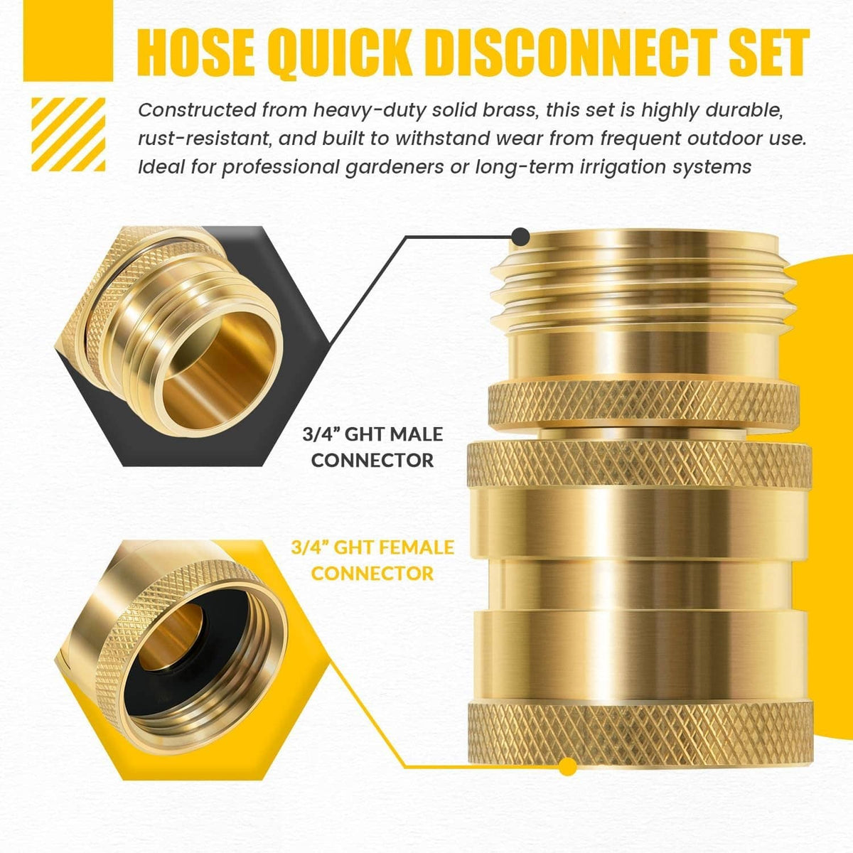 Bethesda Industrial Hose Quick Disconnect Set Brass 3/4” GHT Male x Female Replace for Dramm 22729