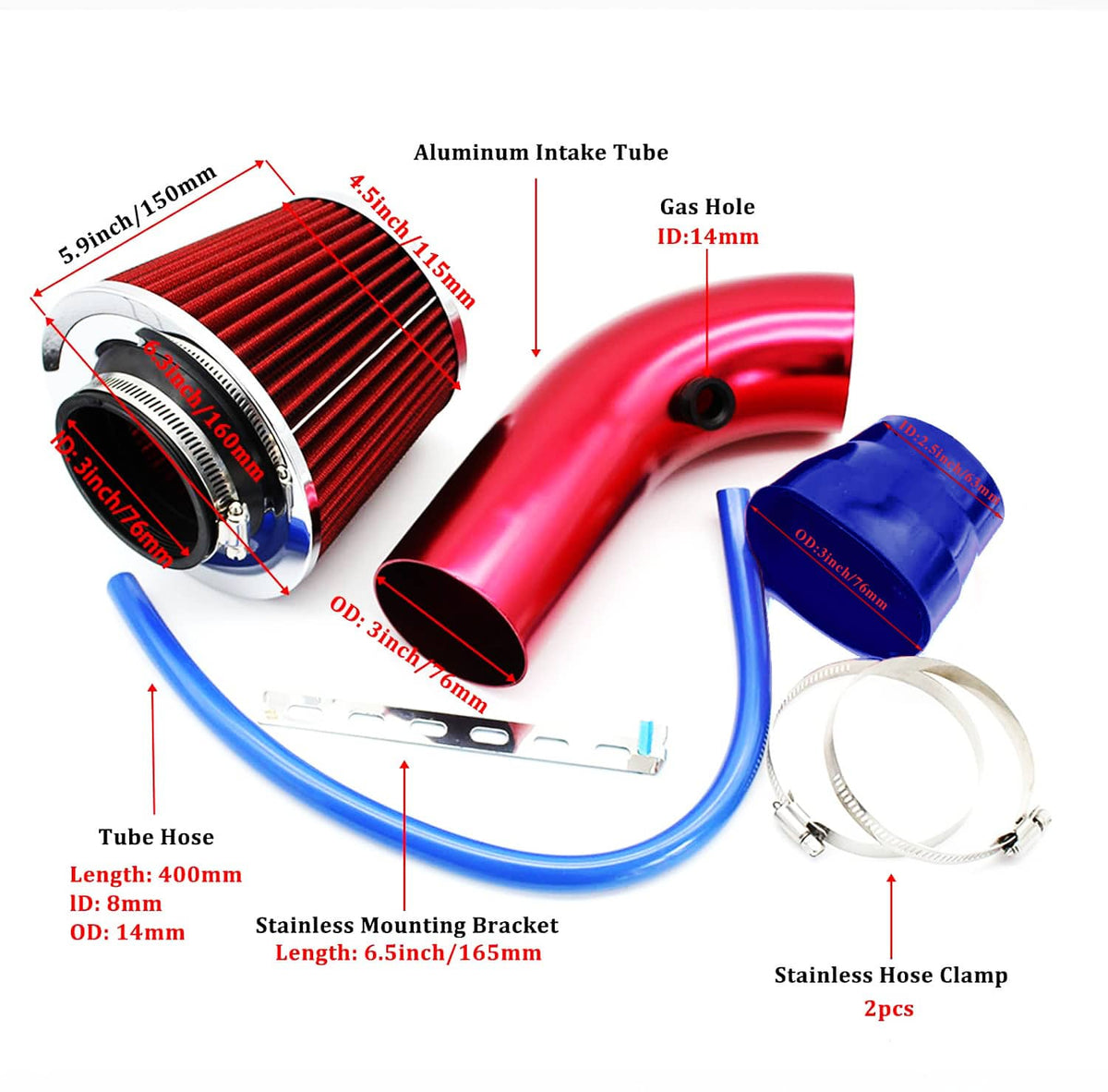 Bethesda Industrial 3" Cold Air Intake Filter Induction Kit Aluminum Pipe Power Flow Hose System