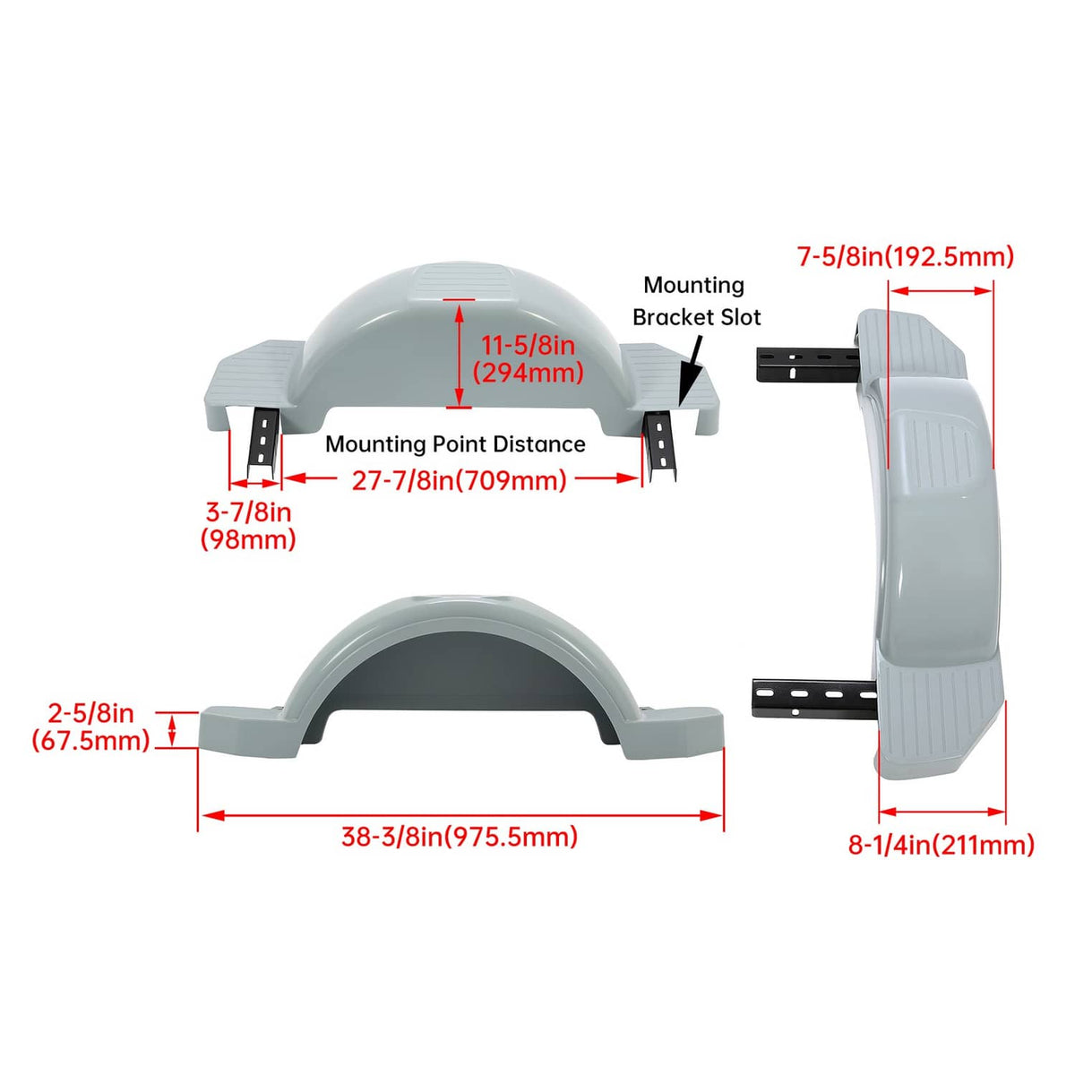 Bethesda Industrial 2 pcs Single Axle Trailer Fenders For 13" Wheels Tire Skirt Boat Gray