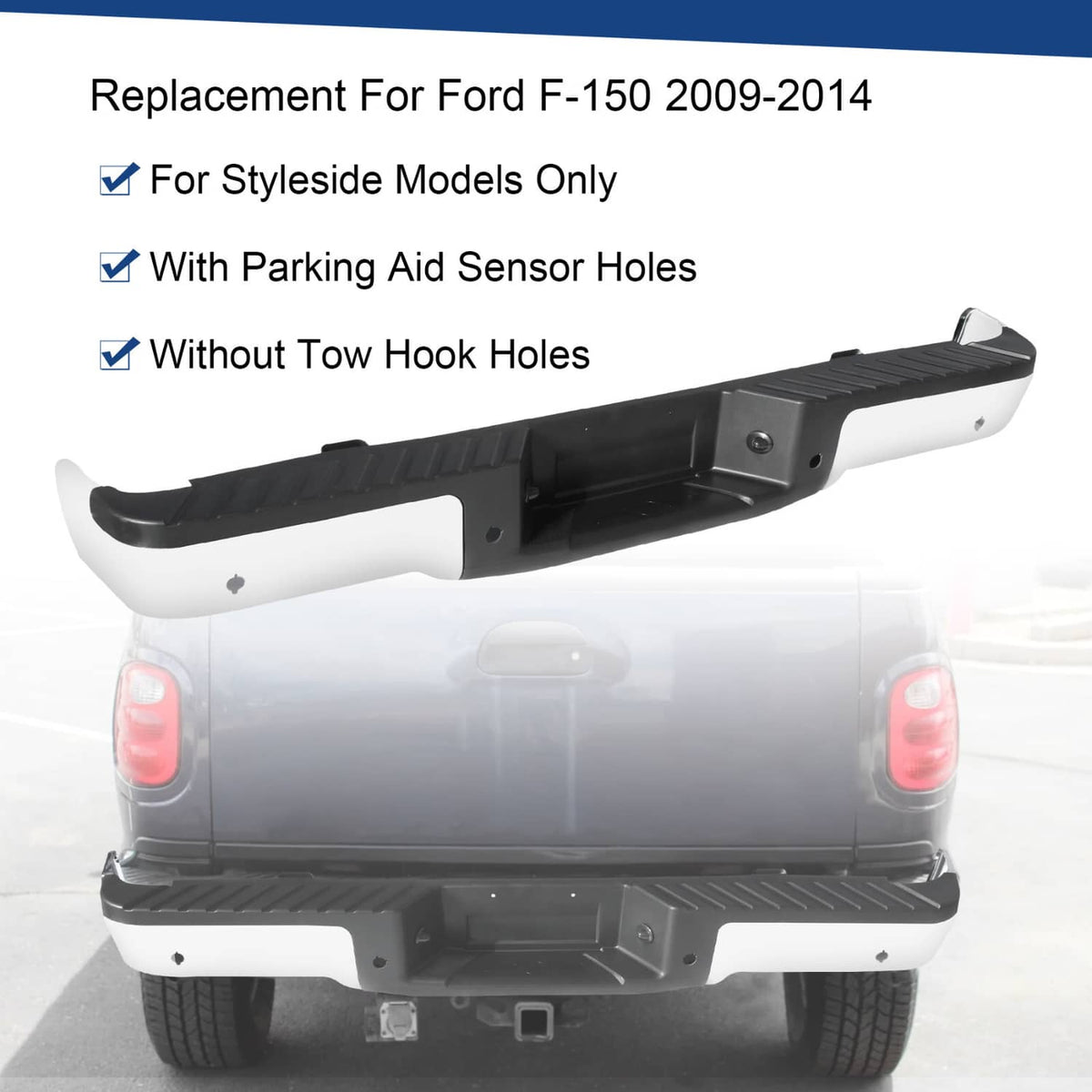 Bethesda Industrial Chrome Rear Step Bumper Assembly With Sensor Holes For Ford F-150 F150 2009-2014