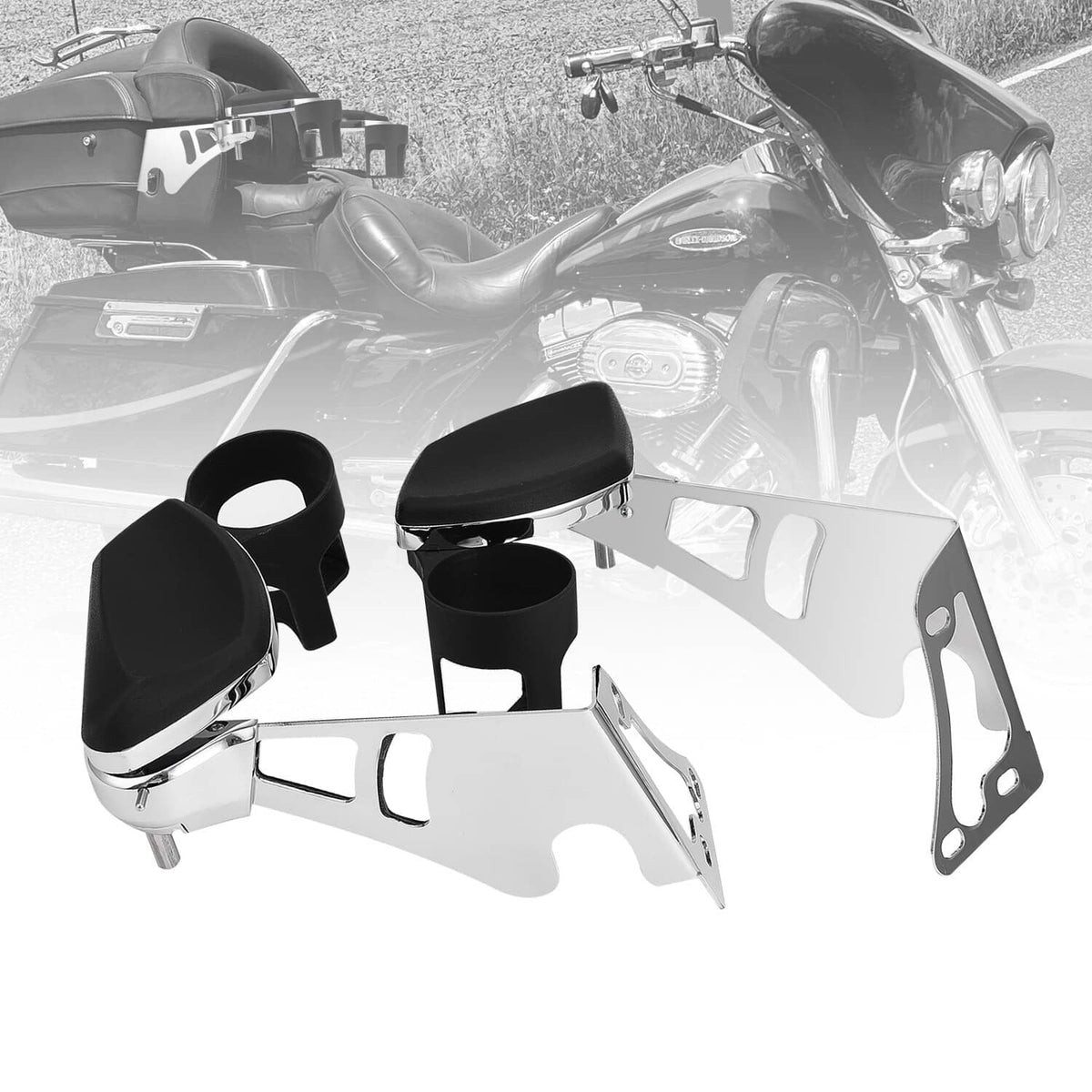 Bethesda Industrial Rear Passenger Armrests with Adjustable Cup Holders For Harley Touring 1997-2013