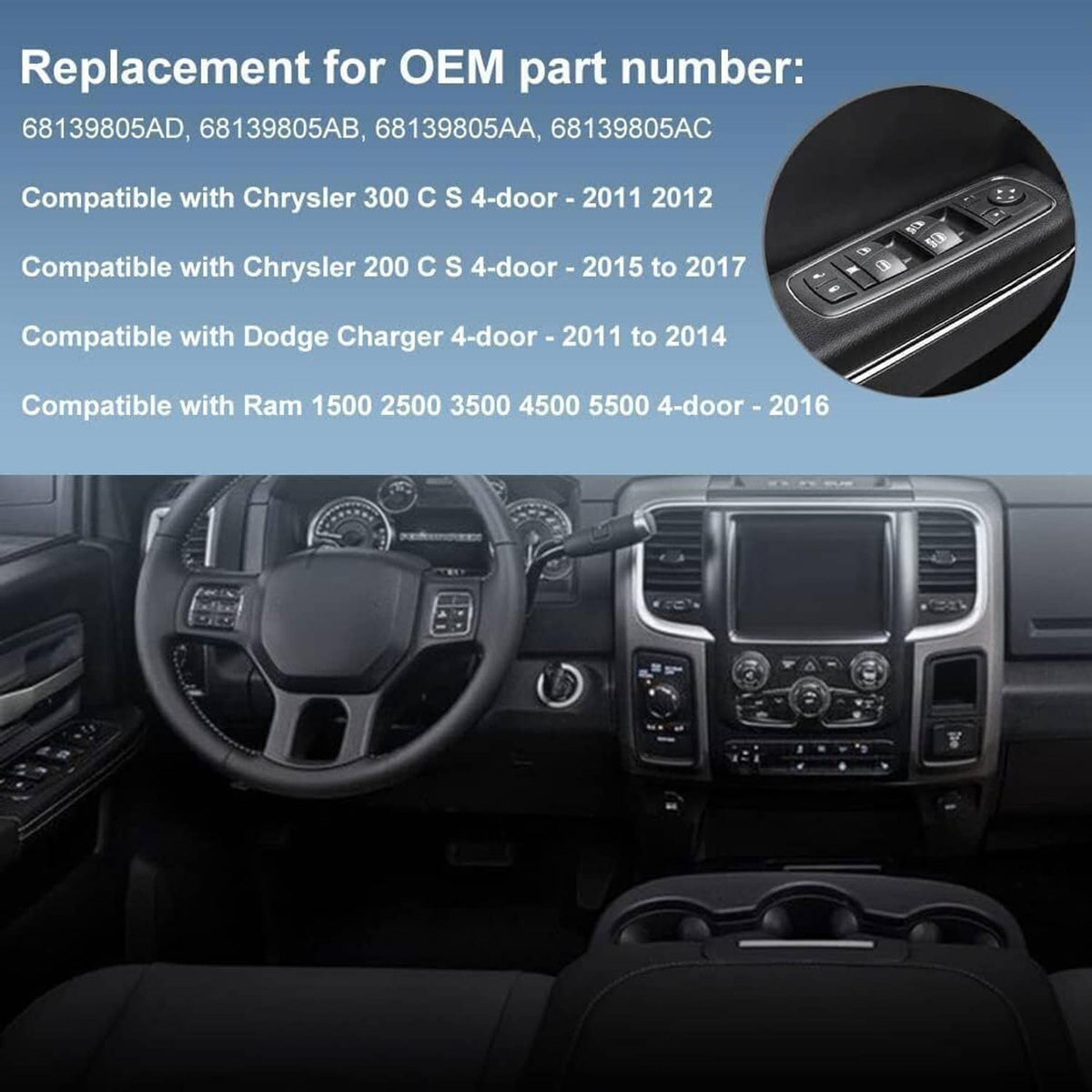 Bethesda Industrial New Front Driver Side Window Switch For 2016-2018 Ram 1500 2500 56046823AE Black