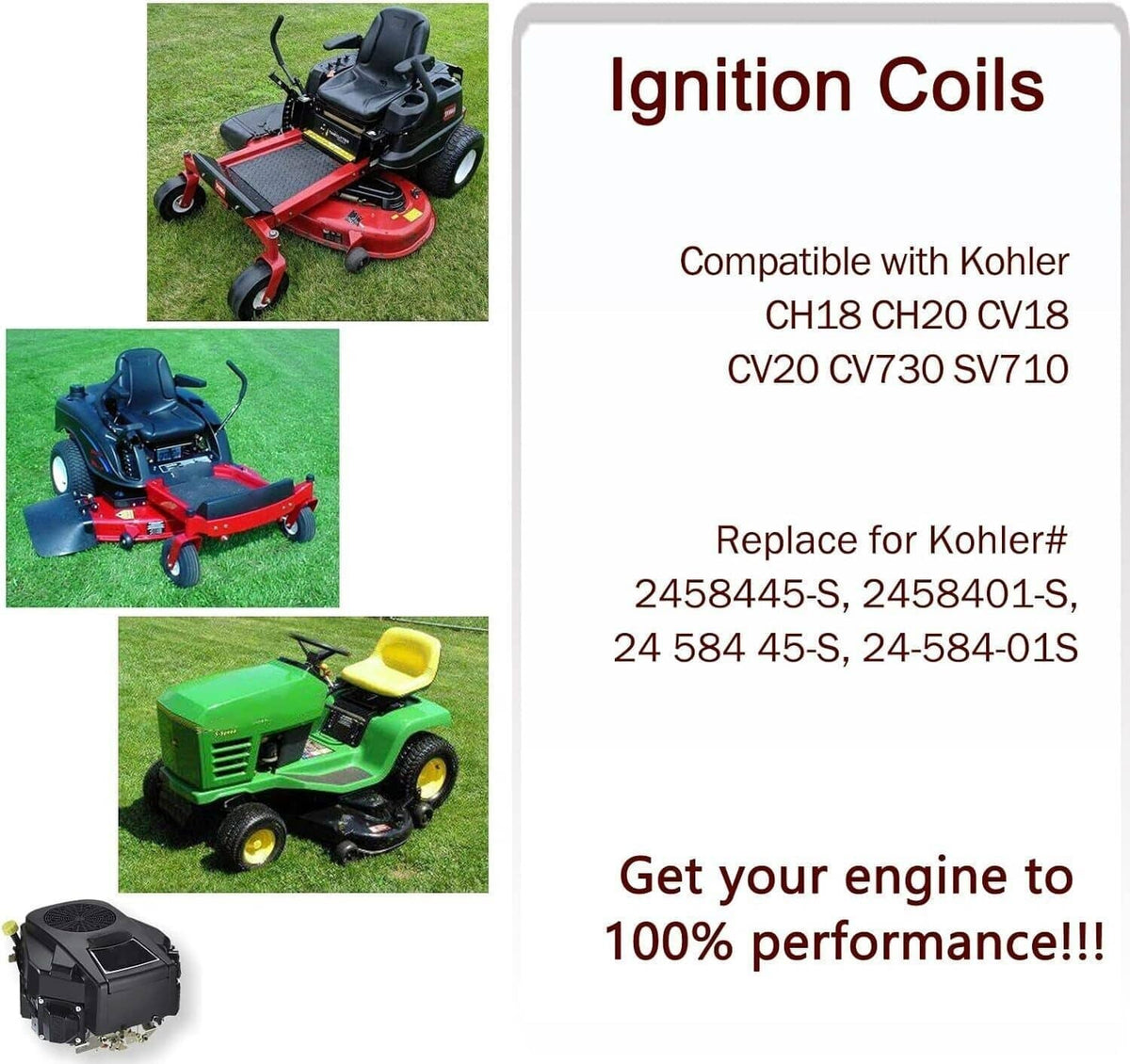 Bethesda Industrial For Kohler CH25 CV730 CH740 Ignition Coils w/Spark Plugs 24 584 01-S 24 584 45-S
