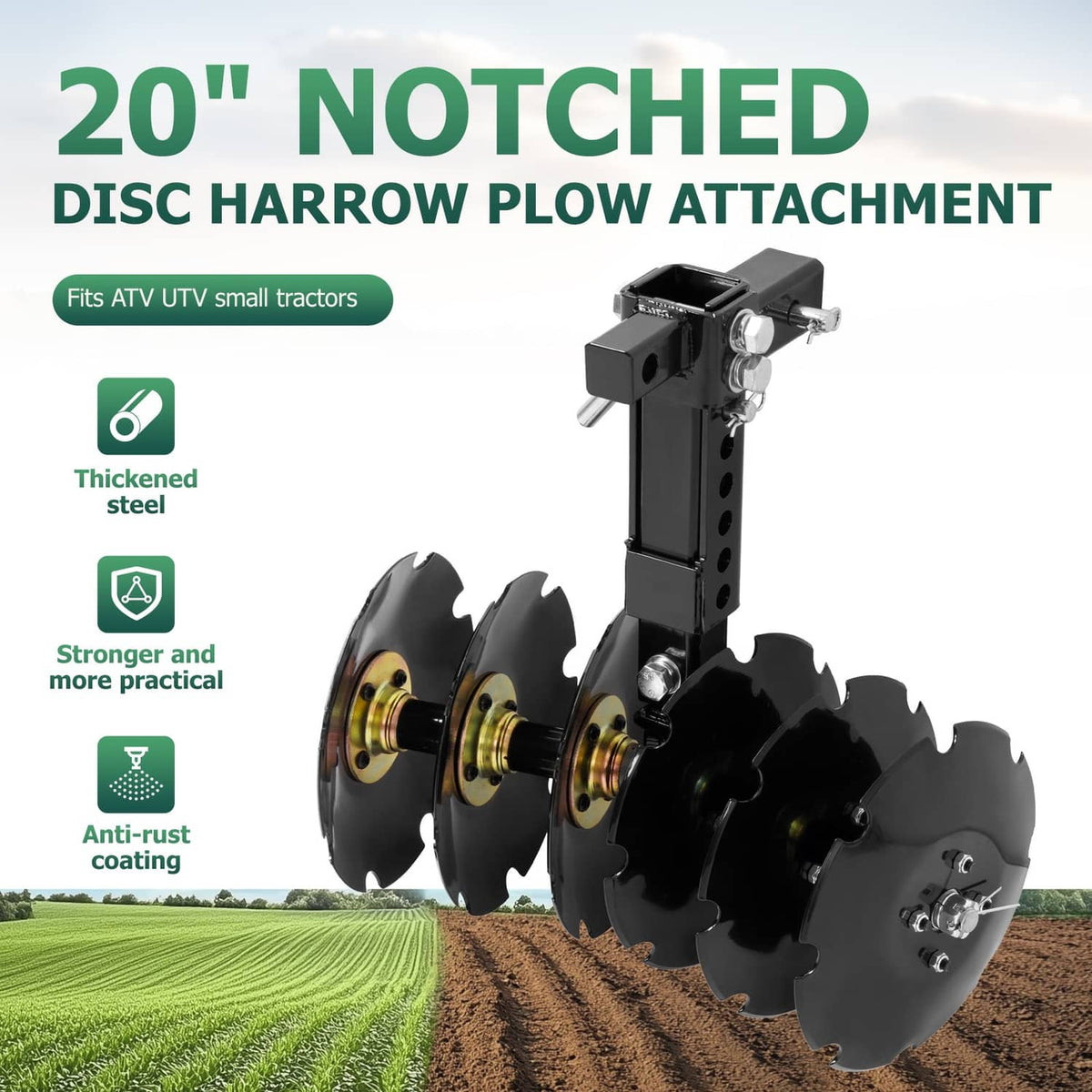 Bethesda Industrial 20" Notched Disc Harrow Plow Attachment for ATV UTV W/ 6 X Concave 2" Receiver