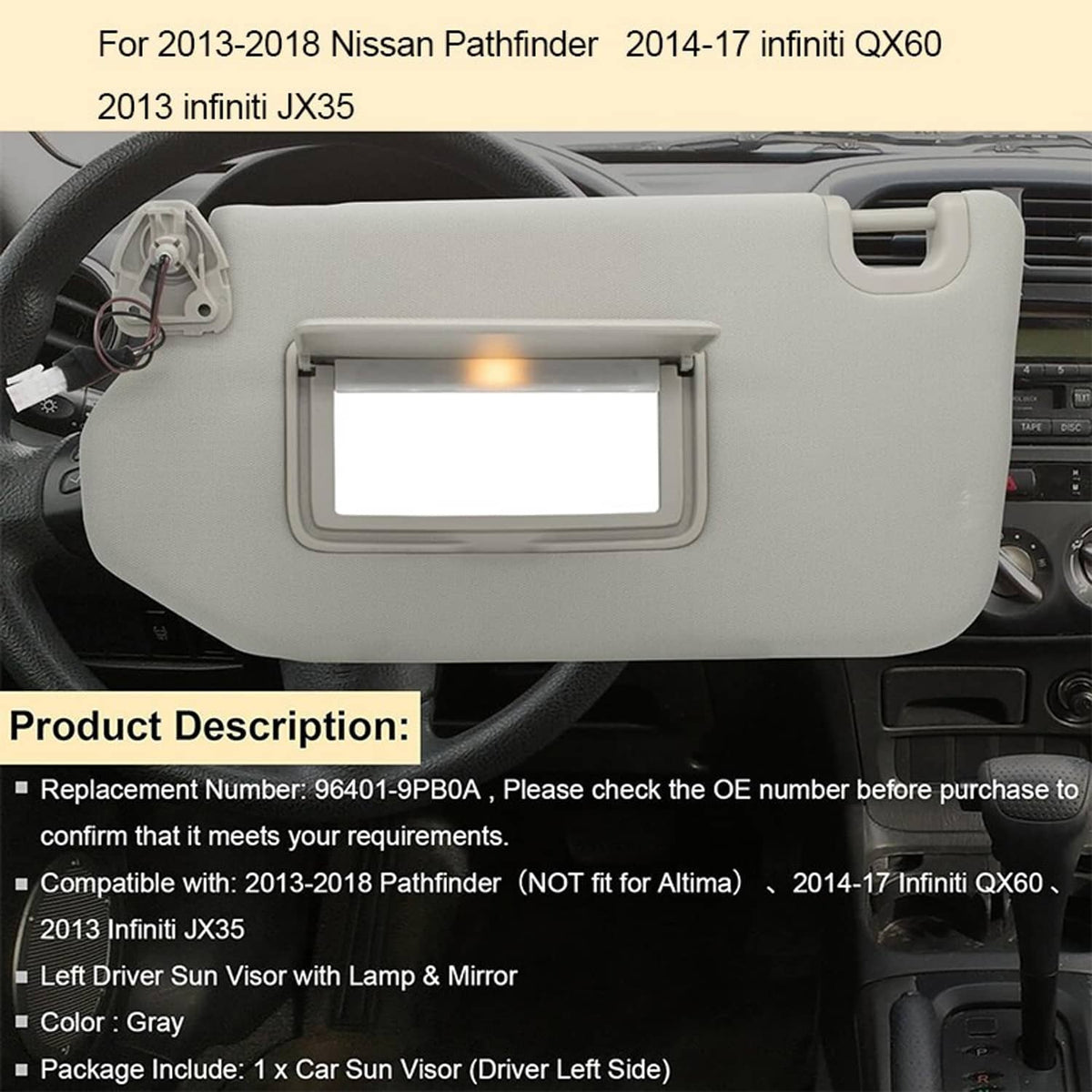 Bethesda Industrial Sun Visor With Lamp Left Driver Gray for 2013-2018 Nissan Pathfinder 96401-9PB0A