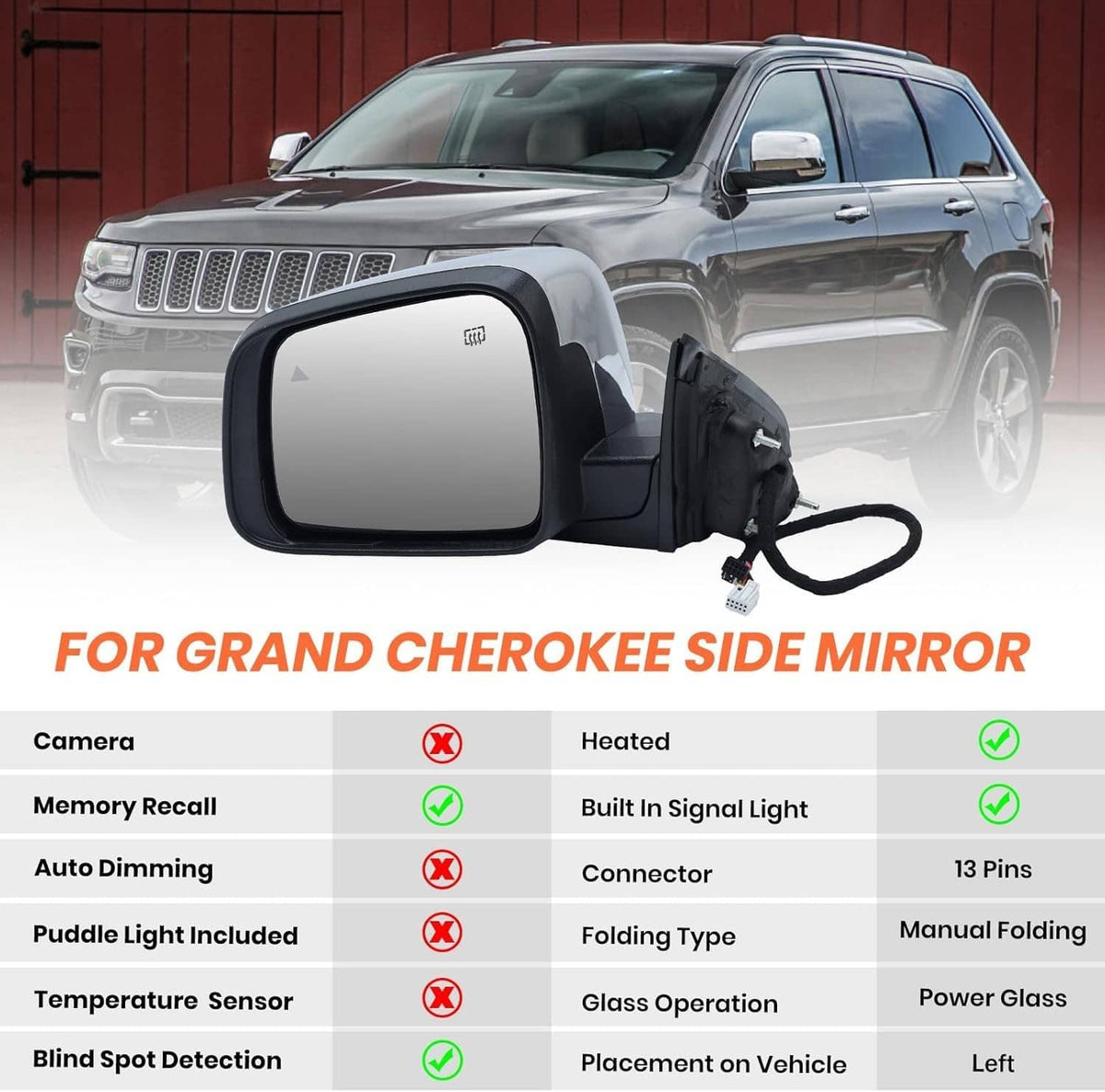 Bethesda Industrial Driver Side Mirror w/Manual Folding Blind Spot For 2011-2022 Jeep Grand Cherokee