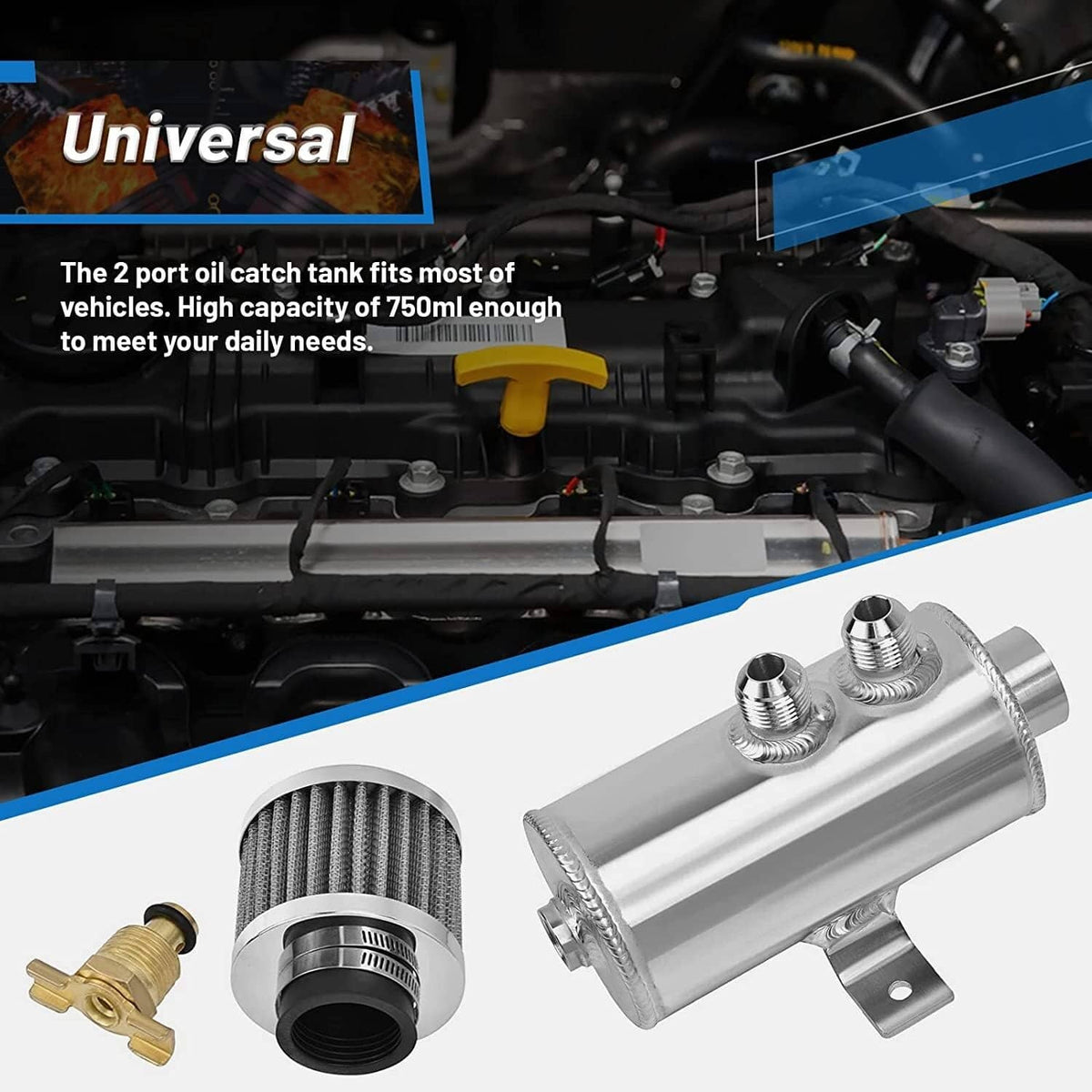 Bethesda Industrial 750ml 10AN Oil Catch Can Reservoir Tank & Breather Filter Baffled Kit Aluminum