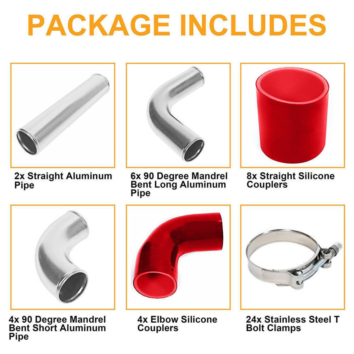 Bethesda Industrial 3" DIY Polished Intercooler Piping w/ U Pipe Red Silicone Coupler + Clamp Kit