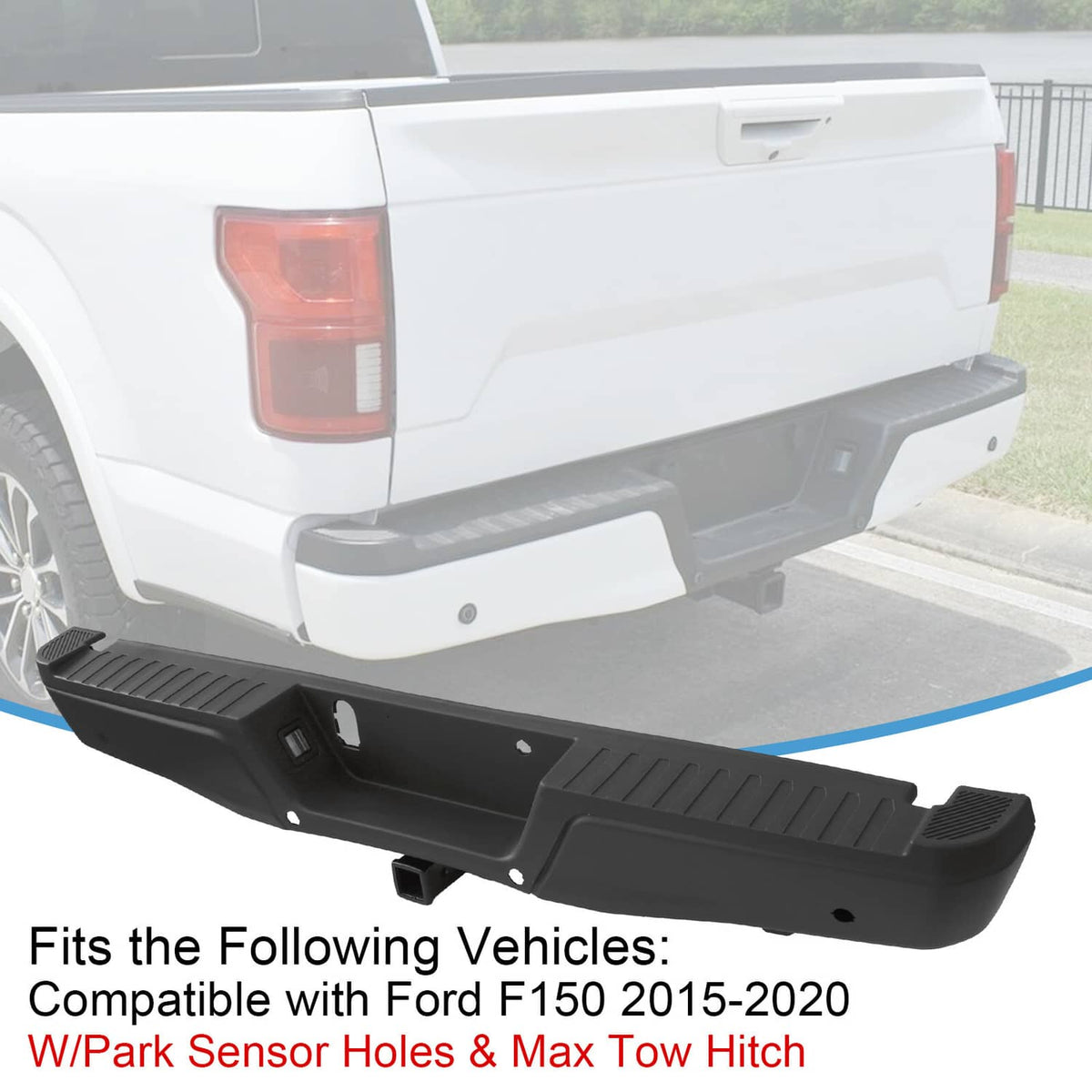 Bethesda Industrial Black Rear Bumper Assembly w/ Max Tow Hitch w/ Sensor Holes For 15-20 Ford F-150